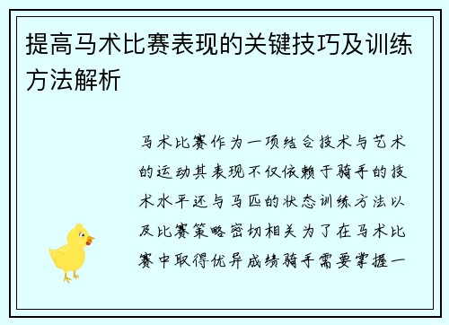 提高马术比赛表现的关键技巧及训练方法解析